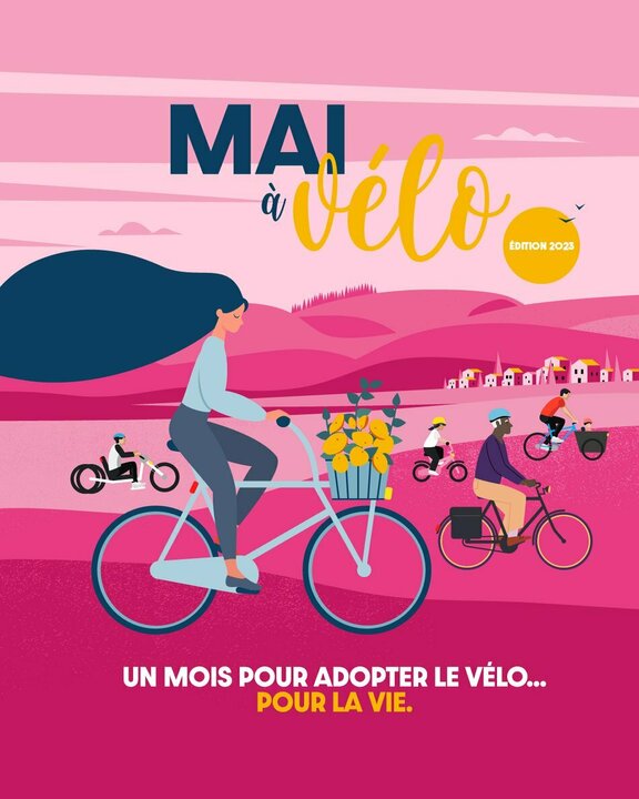 Peut être une image de ‎2 personnes, vélo et ‎texte qui dit ’‎MAI vélo EDITION EDITION2023 2023 G CطنO UN MOIS POUR ADOPTER LE VÉLO... POUR LA VIE.‎’‎‎
